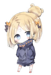 Rule 34 | 1girl, abigail williams (fate), abigail williams (traveling outfit) (fate), bad id, bad pixiv id, black jacket, blonde hair, blue eyes, blush, chibi, closed mouth, commentary request, cottontailtokki, fate/grand order, fate (series), full body, hair bun, hands up, highres, jacket, long sleeves, official alternate costume, parted bangs, red footwear, simple background, single hair bun, sleeves past fingers, sleeves past wrists, smile, solo, standing, white background
