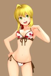Rule 34 | 10s, 1girl, ahoge, bikini, blonde hair, breasts, brown background, cleavage, contrapposto, cowboy shot, fate/extra, fate (series), female focus, floral print, front-tie top, green eyes, groin, hair ribbon, hand on own hip, head tilt, highres, nero claudius (fate), nero claudius (fate) (all), nero claudius (fate/extra), ribbon, side-tie bikini bottom, simple background, solo, standing, swimsuit, taka (takahirokun), teeth, upper teeth only, wide hips