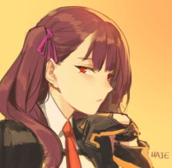 Rule 34 | 1girl, artist name, black gloves, closed mouth, girls&#039; frontline, gloves, hair ribbon, haje, hand up, long hair, looking at viewer, necktie, one side up, orange background, purple hair, purple ribbon, red eyes, red necktie, ribbon, signature, sketch, solo, upper body, wa2000 (girls&#039; frontline)