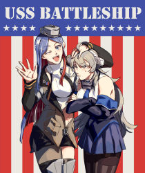 Rule 34 | 2girls, ahoge, american flag, american flag background, asymmetrical legwear, black legwear, black neckwear, blue eyes, blue hair, blue neckwear, blue skirt, blush, breasts, closed mouth, crossed arms, detached sleeves, flag background, grey hair, hand on another&#039;s head, headgear, highres, jacket, kantai collection, large breasts, long hair, long sleeves, multicolored hair, multiple girls, nan (nanyayyay), necktie, one eye closed, open mouth, pantyhose, pleated skirt, red hair, shirt, single leg pantyhose, single thighhigh, skirt, south dakota (kancolle), star (symbol), sweat, thighhighs, uneven legwear, washington (kancolle), white hair