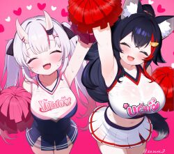 2girls absurdres alternate_breast_size animal_ear_fluff animal_ears arm_up armpits bandaged_horn black_bow black_hair blush bow breasts crop_top gradient_background gradient_hair hair_bow hair_ornament heart highres holding holding_pom_poms hololive horns kani_bonara large_breasts multicolored_hair multiple_girls nakiri_ayame navel ookami_mio pink_background pleated_skirt pom_pom_(cheerleading) pom_poms ponytail red_hair skin-covered_horns skirt smile sweat thighs twintails virtual_youtuber white_hair wolf_ears