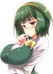Rule 34 | 1girl, blunt bangs, blush, bow, bowtie, breast hold, breasts, buttons, clenched hand, collared shirt, from side, fuyube rion, green hair, hairband, half-closed eyes, hand up, highres, idolmaster, idolmaster (classic), large breasts, long sleeves, looking at viewer, mole, mole under mouth, naughty face, nose blush, orange hairband, otonashi kotori, outline, red eyes, revision, shirt, short hair, simple background, smile, solo, upper body, vest, white background