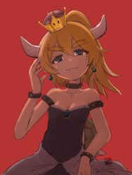Rule 34 | 1girl, artist request, bare shoulders, black dress, blonde hair, bowsette, breasts, closed mouth, collar, dress, earrings, fangs, female focus, hair between eyes, highres, horns, jewelry, looking at viewer, nintendo, simple background, small breasts, smile, solo, source request, spikes, upper body