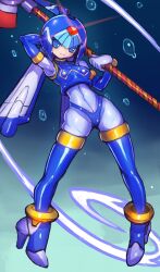 Rule 34 | 1girl, air bubble, arm behind head, armor, blue armor, blue eyes, blue footwear, blue helmet, breasts, bubble, crop top, dakusuta, fairy leviathan (mega man), forehead jewel, full body, highres, holding, holding polearm, holding weapon, looking at viewer, medium breasts, mega man (series), mega man zero (series), polearm, smile, solo, spear, underwater, weapon