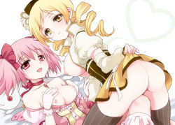 Rule 34 | 10s, 2girls, ass, blonde hair, bow, breasts, choker, clothes lift, clothes pull, collarbone, couple, dress, drill hair, female focus, frills, gloves, hair bow, hair ornament, hat, kaname madoka, kyubey, large breasts, looking at viewer, mahou shoujo madoka magica, mahou shoujo madoka magica (anime), multiple girls, nipples, no panties, open clothes, pink eyes, pink hair, plum (arch), pussy, shirt pull, short twintails, skirt, skirt lift, smile, soul gem, tomoe mami, twin drills, twintails, uncensored, yellow eyes, yuri