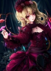 Rule 34 | 1girl, alternate costume, blonde hair, bow, closed mouth, collar, commentary, cowboy shot, cross, crystal, dress, dress bow, earrings, fingernails, flandre scarlet, flower, frilled dress, frilled sleeves, frills, hair flower, hair ornament, highres, jewelry, latin cross, light smile, lips, lipstick, long hair, long sleeves, makeup, mizuhichi, nail polish, one side up, pink flower, pink rose, plant, pointy ears, red bow, red collar, red dress, red eyes, red flower, red nails, red rose, rose, scrunchie, slit pupils, solo, touhou, wide sleeves, wings, wrist scrunchie