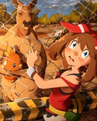 Rule 34 | 1boy, 1girl, absurdres, animal, bare shoulders, barefoot, blue eyes, blue sky, blush, breasts, broken fence, brown hair, chain-link fence, cloud, commentary, creatures (company), crying, crying with eyes open, day, expressive clothes, eyelashes, fanny pack, fence, furrowed brow, game freak, gen 3 pokemon, green pants, hairband, headlock, highres, holding, holding stuffed toy, kangaroo, khyle., light green hair, looking at viewer, may (pokemon), medium hair, nintendo, open mouth, outdoors, pants, pokemon, pokemon oras, red hairband, red ribbon, red tank top, ribbon, shirt, shorts, sky, small breasts, strap slip, stuffed toy, stuffing, tank top, tears, theft, torchic, tree, unhappy, upper body, wally (pokemon), white shorts
