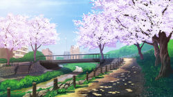 Rule 34 | blue sky, building, cherry blossoms, city, cloud, day, fence, grass, naohiro, no humans, outdoors, path, plant, river, road, scenery, sky, stairs, tree