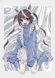 Rule 34 | 1girl, :3, absurdres, alternate hairstyle, animal ears, apron, artist logo, artist name, blue eyes, blue jacket, blue shorts, blush, brown hair, fang, full body, highres, horse ears, jacket, jersey maid, leg warmers, long hair, looking at viewer, maid, maid apron, maid headdress, multicolored hair, open mouth, shironism, shoes, shorts, sitting, skin fang, sleeves past fingers, sleeves past wrists, smile, solo, streaked hair, thighhighs, tokai teio (umamusume), turtleneck, twintails, umamusume, unconventional maid, wariza, white footwear, white thighhighs