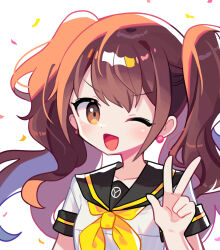 Rule 34 | 1girl, ;d, absurdres, black sailor collar, brown eyes, brown hair, confetti, earrings, highres, jewelry, kujikawa rise, long hair, looking at viewer, neckerchief, offbeat, one eye closed, open mouth, persona, persona 4, sailor collar, school uniform, shirt, short sleeves, smile, solo, sphere earrings, twintails, upper body, w, white background, white shirt, yasogami school uniform, yellow neckerchief