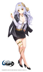Rule 34 | 1girl, arms up, belt, black footwear, black jacket, black skirt, blouse, blush, breasts, brown eyes, choker, cleavage, copyright name, crossed legs, dress, english text, full body, hair ornament, hand on own hip, head tilt, headdress, high heels, highres, holding, jacket, jacket on shoulders, jewelry, long hair, long sleeves, looking at viewer, lunacle, miniskirt, office lady, pencil skirt, pendant, pumps, shirt, shoes, signature, silver hair, skirt, smile, solo, standing, thighs, unleashed, very long hair, wavy hair, white background, white shirt