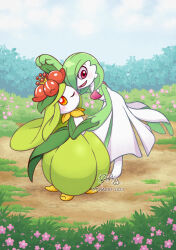 Rule 34 | 2girls, arm up, artist name, blue sky, blush, bob cut, bush, cloud, colored skin, creatures (company), dancing, dated, day, female focus, flat chest, flower, full body, game freak, gardevoir, gen 3 pokemon, gen 5 pokemon, grass, green hair, green skin, hair flower, hair ornament, hair over one eye, hand up, happy, height difference, holding hands, leaning forward, lilligant, long hair, looking at viewer, multicolored skin, multiple girls, nintendo, no mouth, one eye closed, one eye covered, open mouth, orange eyes, outdoors, pink flower, pokemon, pokemon (creature), red eyes, red flower, rina cat, short hair, sidelocks, signature, sky, smile, standing, twitter username, two-tone skin, white skin