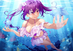 Rule 34 | 1girl, angelfish, bikini, breasts, bubble, cleavage, collarbone, coral, fate/grand order, fate (series), fish, flower, hair flower, hair ornament, highres, large breasts, mukunokino isshiki, navel, ocean, off-shoulder bikini, off shoulder, purple bikini, purple hair, red eyes, scathach (fate), scathach skadi (fate), scathach skadi (swimsuit ruler) (fate), scathach skadi (swimsuit ruler) (first ascension) (fate), school of fish, smile, solo, swimming, swimsuit, twintails, underwater