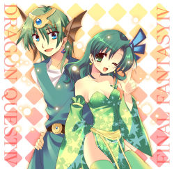 Rule 34 | 1990s (style), 1boy, 1girl, aged up, argyle, argyle background, argyle clothes, breasts, chunsoft, cleavage, color connection, copyright name, crossover, detached sleeves, dragon quest, dragon quest iv, earrings, enix, final fantasy, final fantasy iv, green eyes, green hair, hair ornament, hero (dq4), izumi makoto, jewelry, leotard, look-alike, one eye closed, retro artstyle, rydia (ff4), small breasts, star (symbol), thighhighs, wink