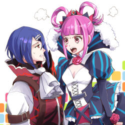 Rule 34 | 1boy, 1girl, alcryst (fire emblem), ascot, asymmetrical hair, blue hair, blunt bangs, breasts, cleavage, cleavage cutout, clothing cutout, cross-laced clothes, cross-laced dress, dress, facial mark, fire emblem, fire emblem engage, folded twintails, furrowed brow, hair flaps, hair ornament, hair rings, hairclip, heart, heart facial mark, highres, hortensia (fire emblem), long sleeves, looking at another, mizss, nintendo, open mouth, pink eyes, pink hair, red eyes, short hair, small breasts, teeth, upper teeth only, white ascot