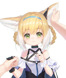 Rule 34 | 1girl, 1other, absurdres, animal ear fluff, animal ears, arknights, bare shoulders, black gloves, blonde hair, blue hairband, braid, closed mouth, commentary request, fox ears, fox girl, gloves, green eyes, hairband, highres, pov, pov hands, simple background, single glove, smile, solo focus, suzuran (arknights), upper body, white background, yidie