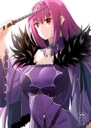 Rule 34 | 1girl, absurdres, breasts, cleavage, dress, expressionless, fate/grand order, fate (series), feather trim, fur trim, hair between eyes, headpiece, highres, holding, holding wand, jewelry, large breasts, long hair, looking at viewer, medb (fate), pendant, purple dress, purple hair, purple ribbon, red eyes, ribbon, scathach (fate), scathach skadi (fate), shiime, simple background, solo, tiara, wand, white background, wide sleeves