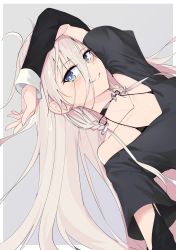Rule 34 | 1girl, aqua eyes, arm up, bare shoulders, black bra, black shirt, blush, bra, bra peek, braid, collarbone, commentary, gradient background, grey background, hair between eyes, highres, ia (vocaloid), long hair, long sleeves, looking at viewer, off-shoulder shirt, off shoulder, outside border, parted lips, shirt, smile, solo, twin braids, underwear, upper body, very long hair, vocaloid, white hair, zooanime