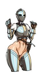 Rule 34 | 1girl, armor, boots, bottomless, breastplate, cleft of venus, covered face, cowboy shot, female focus, female knight, gauntlets, helmet, kardia, knife, knight, navel, nisetanaka, original, plate armor, pussy, revealing clothes, scabbard, sheath, simple background, solo, sword, thigh boots, thighhighs, uncensored, weapon, white background