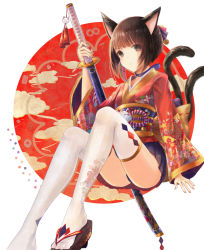 Rule 34 | 1girl, animal ears, bad id, bad pixiv id, bell, brown eyes, brown hair, cat ears, cat tail, floral print, foot out of frame, geta, hair bell, hair ornament, japanese clothes, jingle bell, katana, kimono, looking at viewer, mole, mole under eye, multiple tails, original, ramune., sheath, sheathed, short hair, solo, sword, tail, thighs, two tails, weapon, white legwear, wide sleeves