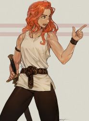 Rule 34 | 1girl, bare shoulders, belt, character request, commentary, copyright request, cowboy shot, grey eyes, hand on sword, lene (morry), looking to the side, morry, open mouth, pointing, red hair, scar, scar on face, scar on nose, sheath, sheathed, shirt, simple background, solo, toned, wavy hair, white shirt, wristband