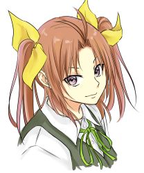 Rule 34 | 10s, 1girl, antenna hair, aoi rin (miya1102), blouse, brown hair, buttons, from side, green ribbon, green vest, hair intakes, hair ribbon, highres, kagerou (kancolle), kantai collection, looking at viewer, looking to the side, neck ribbon, portrait, purple eyes, ribbon, shirt, simple background, solo, twintails, vest, white background, white shirt, yellow ribbon