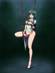Rule 34 | 1girl, arms behind back, barefoot, bdsm, bondage, bottomless, bound, bound legs, box tie, breast bondage, breasts, drooling, fate/zero, fate (series), female pubic hair, full body, gag, gagged, green eyes, green hair, highres, long hair, looking at viewer, mature female, mouth drool, pubic hair, ring gag, rope, sakuraba tsukasa, saliva, shibari, solo, standing, standing on one leg, suspension, tiptoes, toes, tohsaka aoi, uncensored