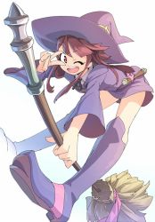 Rule 34 | 10s, 1girl, :d, ;d, bent over, boots, broom, brown hair, collared shirt, dress, full body, hat, kagari atsuko, knee boots, leaning forward, legs, little witch academia, long sleeves, magenta (atyana), one eye closed, open mouth, red eyes, round teeth, shirt, simple background, smile, solo, teeth, v, v over eye, white background, wide sleeves, witch, witch hat