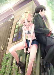 Rule 34 | 1boy, 1girl, bare arms, bare shoulders, belt, black belt, black hair, black jacket, blonde hair, blush, braid, breasts, character request, cleavage, collarbone, commentary request, day, door, fate/grand order, fate (series), from below, glasses, green eyes, hair ornament, hair scrunchie, highres, holding, jacket, long hair, mordred (fate), mordred (fate/apocrypha), mordred (memories at trifas) (fate), mozu (peth), outdoors, ponytail, red scrunchie, scar, scrunchie, short shorts, shorts, small breasts, tree, window