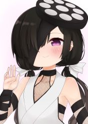 Rule 34 | 1girl, bare shoulders, black hair, blush, closed mouth, commentary request, commission, fate/grand order, fate (series), gradient background, hair over one eye, hair ribbon, hand up, highres, i.u.y, japanese clothes, kimono, long hair, looking at viewer, low twintails, mochizuki chiyome (fate), pink background, pixiv commission, purple eyes, ribbon, sleeveless, sleeveless kimono, smile, solo, twintails, upper body, white background, white kimono, white ribbon