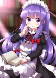 Rule 34 | 1girl, alternate costume, apron, back bow, black dress, blue bow, blurry, blurry background, blush, book, bookshelf, bow, bowtie, breasts, dress, frills, hair between eyes, hair bow, hand on own face, hand up, highres, holding, holding book, indoors, juliet sleeves, library, long hair, long sleeves, looking to the side, maid, maid headdress, medium breasts, one-hour drawing challenge, open book, open mouth, patchouli knowledge, pink bow, pink bowtie, puffy long sleeves, puffy sleeves, purple eyes, purple hair, red bow, ruu (tksymkw), sidelocks, solo, touhou, white apron, white bow