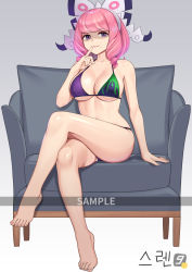 Rule 34 | 1girl, absurdres, barefoot, bikini, bow, breasts, closed mouth, collarbone, couch, creatures (company), crossed legs, drill hair, finger to mouth, game freak, gradient background, grey background, hair bow, highres, index finger raised, klara (pokemon), large breasts, mole, mole under mouth, navel, nintendo, pink hair, pokemon, pokemon swsh, purple bikini, purple eyes, sample watermark, short hair, sitting, smile, solo, swimsuit, watermark, white bow, zzalsu