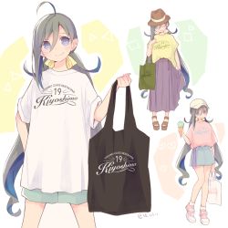 Rule 34 | 1girl, ahoge, alternate costume, bag, baggy clothes, blue hair, blush, brown headwear, closed eyes, clothes writing, colis, denim, denim skirt, food, grey hair, hair between eyes, hair ribbon, hat, high heels, holding, holding bag, ice cream cone, kantai collection, kiyoshimo (kancolle), long hair, low twintails, multicolored hair, multiple views, pink shirt, purple eyes, purple skirt, ribbon, sandals, shirt, shoes, short sleeves, shorts, simple background, skirt, smile, sneakers, t-shirt, twintails, twitter username, two-tone hair, white headwear, white shirt, yellow shirt