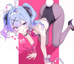 1girl absurdres ahoge all_fours animal_ears arm_ribbon artist_name black_leotard blue_eyes blue_hair bow bowtie catyu chinese_commentary collar commentary_request cuffs dated fake_animal_ears fake_tail hair_between_eyes hair_ornament handcuffs hatsune_miku high_heels highres leotard light_blush looking_at_viewer mixed-language_commentary nail_polish pantyhose pink_background pink_bow pink_bowtie pink_nails pink_pupils pink_ribbon playboy_bunny rabbit_ears rabbit_hole_(vocaloid) rabbit_tail ribbon short_hair simple_background sleeveless solo tail teardrop_facial_mark tongue tongue_out twintails vocaloid white_background white_collar x_hair_ornament