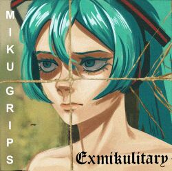 Rule 34 | 1girl, album cover, album cover redraw, album name, aqua eyes, aqua hair, close-up, closed mouth, cloudhead, collarbone, cover, death grips, derivative work, exmilitary (death grips), expressionless, group name, hair between eyes, hatsune miku, headphones, long hair, looking ahead, parody, partially shaded face, sidelocks, solo, topless, twintails, vocaloid