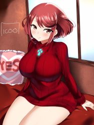 Rule 34 | 1girl, alternate costume, breasts, chest jewel, icoo, large breasts, pillow, pyra (xenoblade), red eyes, red hair, short hair, signature, smile, solo, sweater, swept bangs, thighhighs, thighs, xenoblade chronicles (series), xenoblade chronicles 2
