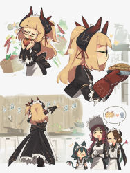 Rule 34 | 4girls, :d, absurdres, animal ears, black-framed eyewear, blonde hair, blunt bangs, cat ears, closed eyes, commentary, flareze (porforever), food, glasses, highres, juliet sleeves, kitchen, long hair, long sleeves, maid, maid headdress, multiple girls, music, musical note, one side up, open mouth, original, oven mitts, pie, porforever, puffy sleeves, rectangular eyewear, singing, smile, symbol-only commentary, tomato
