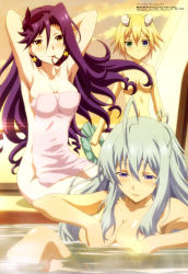 Rule 34 | 10s, 3girls, absurdres, ahoge, almaria, ange vierge, antenna hair, arms behind head, bath, bathing, blonde hair, blue hair, blush, breasts, cleavage, code omega 77 stella, convenient censoring, earrings, fang, fang out, fangs, green eyes, hair censor, hair over breasts, heterochromia, highres, jewelry, large breasts, long hair, looking at viewer, megami magazine, mouth hold, multiple girls, non-web source, nude, nya lapucea, official art, pink towel, purple eyes, purple hair, ribbon, ribbon in mouth, star (symbol), star earrings, tamura masafumi, towel, water, yellow eyes