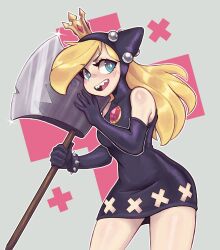 Rule 34 | 1girl, axe, bare shoulders, black dress, black gloves, blonde hair, blue eyes, bracelet, brooch, crown, dress, elbow gloves, gloves, grey background, highres, holding, holding axe, hooded dress, jewelry, long hair, looking at viewer, mario (series), mario power tennis, mario tennis, nintendo, open mouth, pink background, plus sign, short dress, sleeveless, sleeveless dress, solo, spiked bracelet, spikes, teeth, troolou, two-tone background, upper teeth only, warupeach