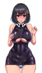 Rule 34 | 10s, 1girl, bare shoulders, black dress, black hair, blush, bodycon, breasts, cleavage, cleavage cutout, clothing cutout, curvy, dress, facing viewer, full-face blush, gluteal fold, haguro (kancolle), huge breasts, ishimiso (ishimura), kantai collection, looking at viewer, microdress, open mouth, panties, short hair, simple background, smile, solo, striped clothes, striped panties, sweat, thighs, underboob, underwear, white background, wide hips