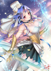 Rule 34 | 1girl, blue hair, blush, breasts, corset, crescent, crescent facial mark, cross, cross necklace, facial mark, forehead mark, hat, holding, holding weapon, jewelry, large breasts, long hair, necklace, open mouth, original, red eyes, ryuki@maguro-ex, smile, solo, strapless, sword, weapon