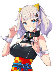 Rule 34 | 1girl, bare arms, bare shoulders, black dress, blue eyes, blush, breasts, claw pose, cleavage, cleavage cutout, clothing cutout, dress, fingernails, grin, hair ornament, hairclip, hands up, kaguya luna, large breasts, medium hair, nail polish, obi, pink nails, ribbon, saiste, sash, sidelocks, silver hair, simple background, sleeveless, sleeveless dress, smile, solo, the moon studio, twintails, upper body, virtual youtuber, white background, wrist ribbon