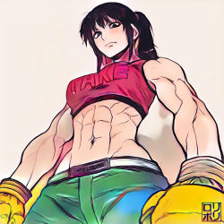 Rule 34 | 1girl, abs, boxing gloves, clothes writing, colorized, from below, greyscale, inktober, ishido natsuo, jamrolypoly, looking at viewer, monochrome, muscular, muscular female, ponytail, resized, simple background, solo, stomach, tagme, teppu, third-party edit, v-shaped eyebrows, white background