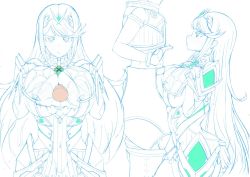 Rule 34 | 1boy, 1girl, armor, blush, breasts, cleavage, closed mouth, dress, earrings, gatyo 5, gem, hair ornament, headpiece, jewelry, large breasts, long hair, looking at viewer, monochrome, mythra (xenoblade), nintendo, nipple slip, nipples, nude, paizuri, penis, rex (xenoblade), simple background, staring, swept bangs, tiara, uncensored, very long hair, white background, xenoblade chronicles (series), xenoblade chronicles 2