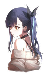 Rule 34 | 1girl, bare shoulders, black choker, black ribbon, blue hair, brown eyes, brown sweater, choker, closed mouth, cropped torso, gnns, hair ribbon, highres, looking away, multicolored hair, off-shoulder sweater, off shoulder, original, ribbon, side ponytail, sidelocks, simple background, solo, streaked hair, sweater, upper body, virtual youtuber, white background