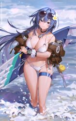 Rule 34 | 1girl, absurdres, azur lane, bare shoulders, bikini, bilibili xiaolu, blue eyes, blue hair, breasts, chinese commentary, cleavage, closed mouth, collarbone, commentary request, eyewear on head, hair ornament, highres, jewelry, large breasts, long hair, looking at viewer, navel, necklace, new jersey (azur lane), smile, solo, sunglasses, swimsuit, thigh gap, thigh strap, thighs, water, white bikini