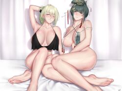 Rule 34 | 2girls, arm behind head, artist name, bare legs, bare shoulders, barefoot, black tank top, blush, breasts, closed mouth, collarbone, crop top, de lacey (neural cloud), feet, girls&#039; frontline, girls&#039; frontline neural cloud, green hair, hair ornament, hairclip, hanying (punishing: gray raven), highres, large breasts, legs, light smile, lips, long hair, looking at viewer, mole, mole under mouth, multiple girls, one eye closed, open mouth, parted lips, punishing: gray raven, simple background, sitting, smolxeno, tank top, thighs, toes