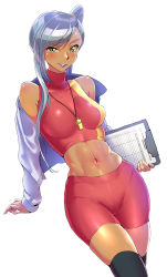 Rule 34 | 1girl, bike shorts, breasts, clipboard, code geass, collarbone, crop top, dark-skinned female, dark skin, high ponytail, highres, impossible clothes, kilesha, large breasts, leaning, lipstick, long hair, long sleeves, makeup, midriff, navel, off shoulder, silver hair, simple background, solo, swept bangs, turtleneck, villetta nu, whistle, whistle around neck, white background, yellow eyes