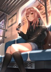 Rule 34 | 1girl, :o, black legwear, blush, can, canned coffee, coffee, drink can, evening, food, from below, highres, holding, light brown hair, long hair, long sleeves, looking at viewer, looking down, original, sidelocks, sitting, sky, solo, superpig, taiyaki, wagashi