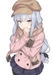 Rule 34 | 1girl, blue eyes, blush, book, breasts, brown scarf, buttons, hat, holding, holding book, jacket, long hair, long sleeves, looking at viewer, pink jacket, scarf, shiseki hirame, silver hair, simple background, skirt, solo, white background